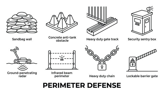 Perimeter defense security equipment and obstacles like sandbags and gates for border protection.