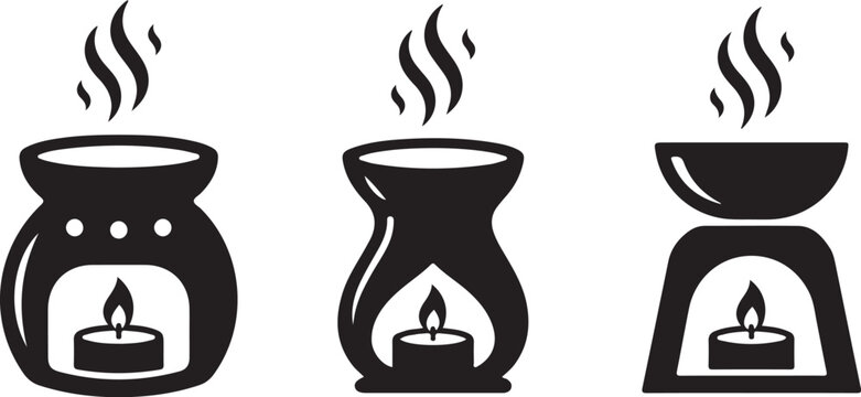 Aroma lamp icon set. Essential oil burner vector illustration. Aromatherapy candle diffuser black silhouettes. Spa wellness elements collection. Ceramic fragrance warmer icons. Minimalist candle 