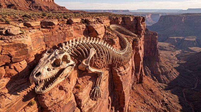 Giant mythical dragon skeleton fossil on desert canyon cliff