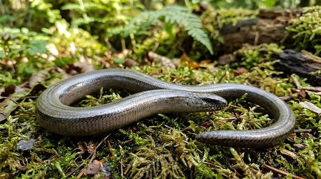 Glossy Slow Worm Resting on Mossy Forest Floor
