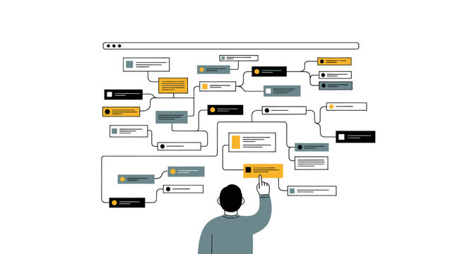 Person analyzing complex flowchart website architecture on digital screen.