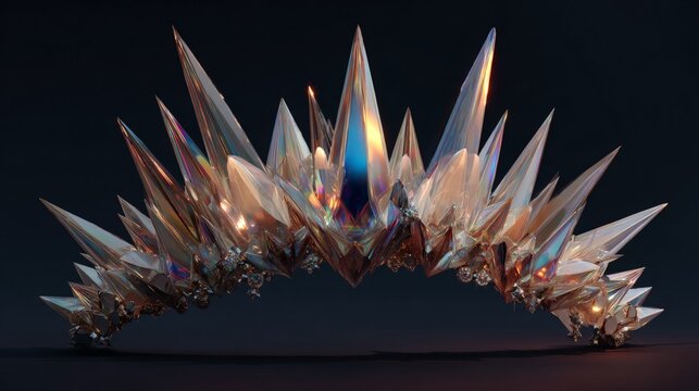 Crystal crown glows with inner light. Fierce spikes radiate elegance and power. Dark background highlights its brilliance. Ideal for fantasy, royal, or mystical themes. No people, no animals