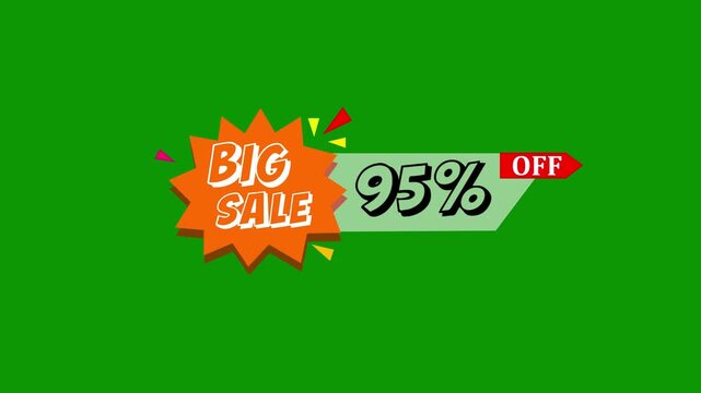 BIG SALE 95 percent off price badge on green screen. Big sale online shopping icon. Business and savings concept. Text animation big sale 95 percent off.