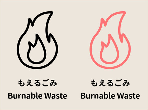 線画もえるごみの分別収集アイコンイラストセット Burnable waste garbage sorting sign simple icon set with English translation text guide