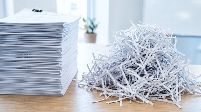 Shredded Paper and Stacked Documents on a Wooden Desk in Office.