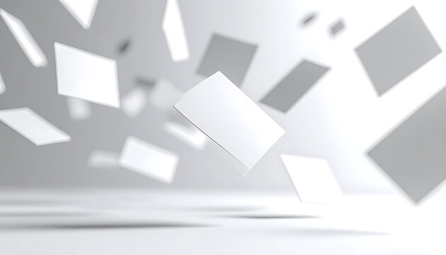 Blank white business cards floating and falling in a studio environment, motion blur effect, modern presentation