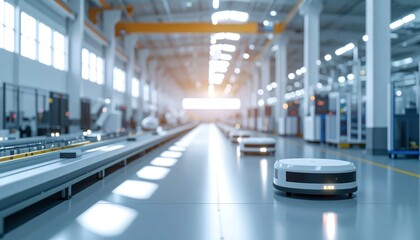 Fototapeta premium Autonomous Warehouse Robot Moving Through Bright Modern Factory Interior
