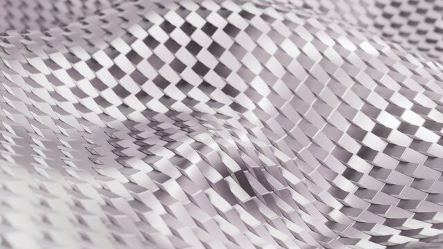 Wavy surface made of a silver metallic grid creating an abstract geometric pattern with reflections, symbolizing technology, luxury, and digital innovation