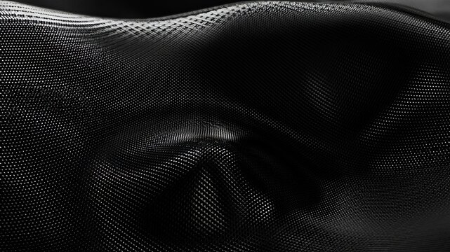 Abstract dark mesh surface creating a wave-like pattern, representing global networking, artificial intelligence, technology, and future digital data concepts with a dark render