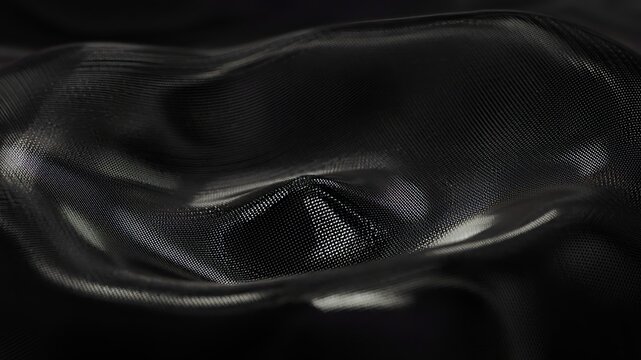 Dark metallic mesh material creating abstract fluid waves and ripples, showing a futuristic texture and elegant motion with subtle reflections and highlights