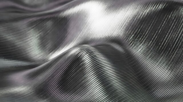 Abstract metallic surface reflecting light, creating rhythmic waves and a futuristic chrome texture, representing concepts of technology, data, and flow