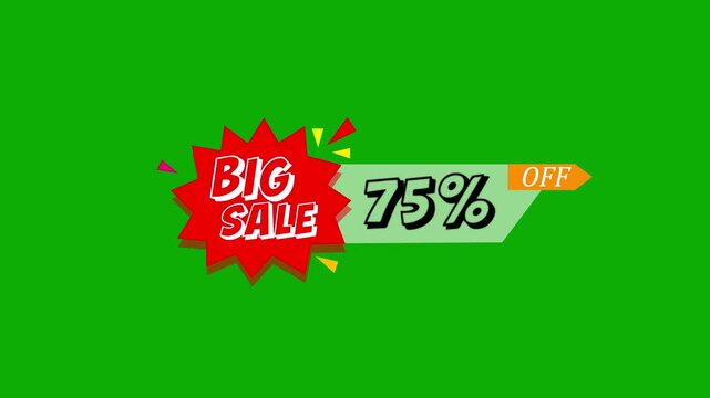 Big SALE 75 percent off price badge on green screen. Big sale online shopping icon. Business and savings concept. Text animation big sale 75 percent off.