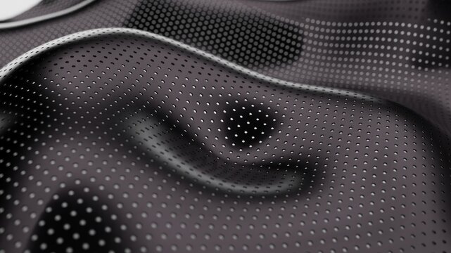 Dark perforated metal surface creating a dynamic abstract wavy pattern, offering a futuristic industrial background with texture and unique design elements
