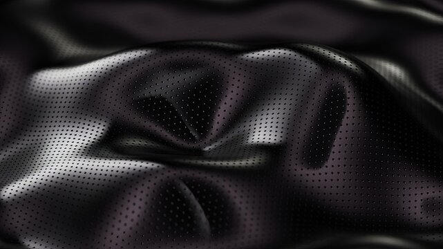 Dark perforated synthetic fabric creating a textured, wavy surface with light reflections, forming an abstract and futuristic background or design element