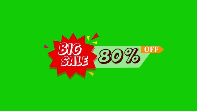 BIG sale 80 percent off price badge on green screen. Big sale online shopping icon. Business and savings concept. Text animation big sale 80 percent off.