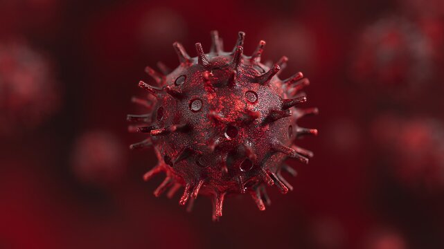 Red colored microscopic virus particle representing infectious diseases, respiratory illnesses, and global health crises, illustrating microbiology and medical research