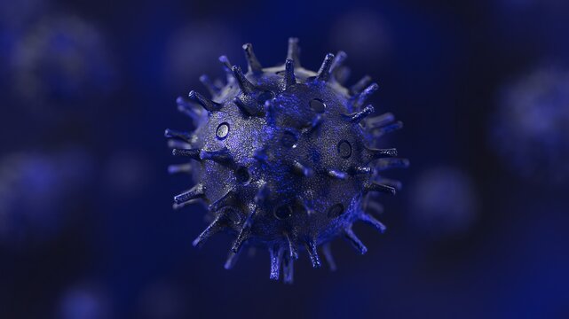 Realistic 3d rendering of a microscopic virus particle with spike proteins suspended in dark blue fluid, symbolizing contagion, pandemic, and a global health crisis in science research settings