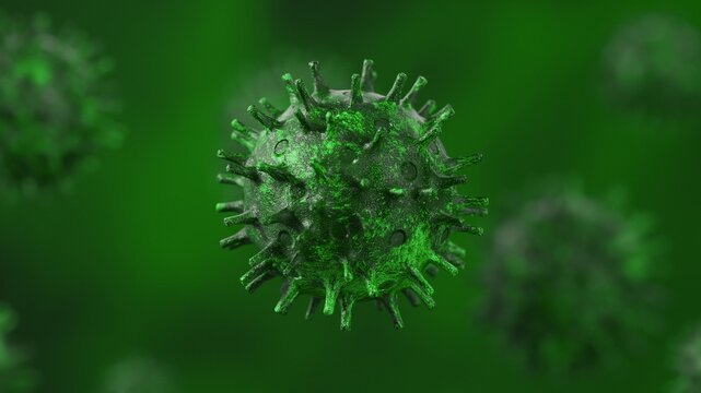 Microscopic virus particle shows dangerous pathogen spreading infection, disease, and global pandemic, representing an invisible threat to health and well-being