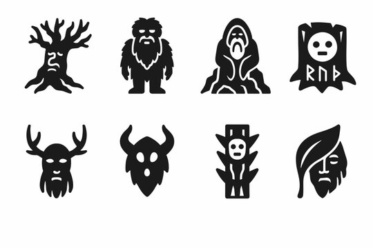 Ancient Woodland Spirits Icons. Ancient woodland spirits. Filled icon set of ancient woodland spirits: old