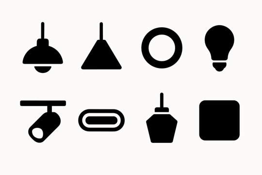 Diner Lighting Icons. Diner lighting elements. Filled icon set of diner lighting elements: hanging lamp, cone