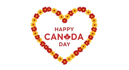 Fototapeta premium Happy canada day greeting card design with a heart shape made of red and yellow flowers isolated on white background