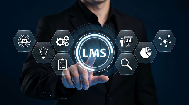 Businessman pointing at virtual LMS circular interface with business education icons