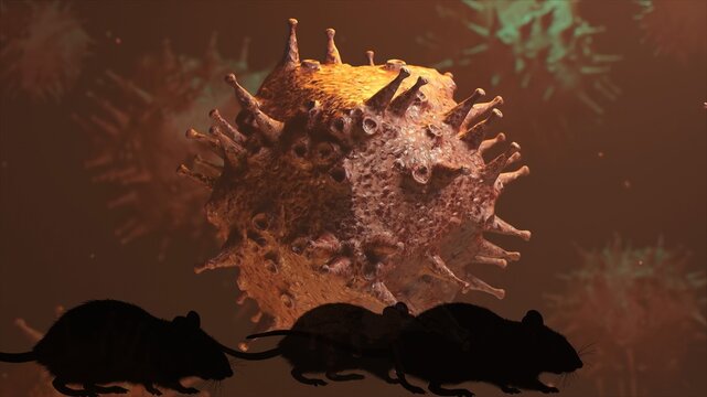 Rats moving across a dark foreground with a large coronavirus cell in the background, illustrating the concept of zoonotic disease transmission and pandemic threats