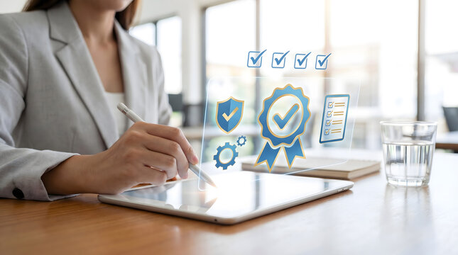 Professional businesswoman completing digital certification and quality assurance process on tablet in office, digital dashboard, certification, shield, compliance icons.