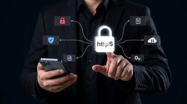 Businessman pointing at virtual HTTPS padlock security icon with smartphone in hand