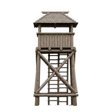 A tall wooden watchtower with a thatched roof
