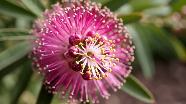 Close-up of a vibrant pink bottlebrush flower with green leaves in the garden