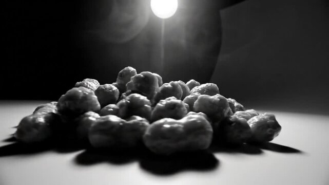 Black and white close up of a pile of rounded objects with soft focused lighting and shadowy background