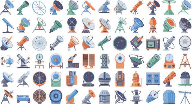 Astronomy and space exploration icons set, flat vector satellite dishes and telescopes, 70 science observatory equipment elements for cosmic research