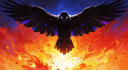 Obraz premium Majestic black raven soaring above fiery abstract background