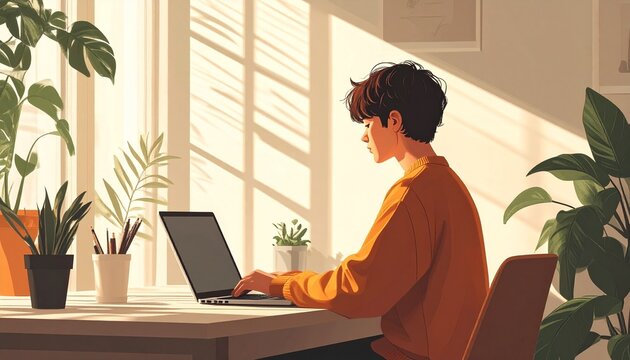 Young Man Working on Laptop in Sunlit Home Office
