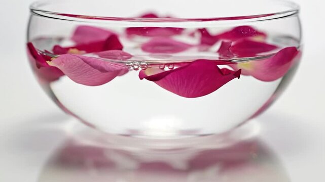 Pink rose petals floating in a clear glass bowl of water on a white background