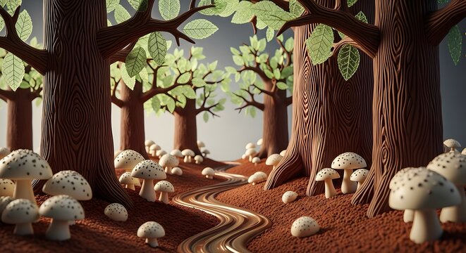Enchanting forest path with whimsical mushrooms and trees.