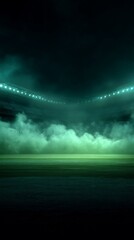 Fototapeta premium Mysterious sports arena illuminated by green lights and surrounded by fog.