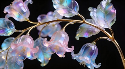 Naklejka premium Elegant glass flowers with iridescent petals on a dark background