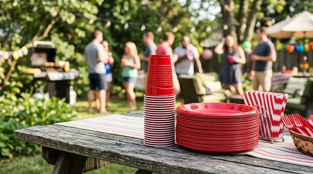 Red Disposable Cups and Plates Arranged on Wooden Picnic Table at Backyard Party