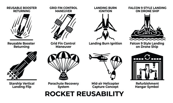Rocket reusability icons set depicting booster return landing and parachute recovery systems.