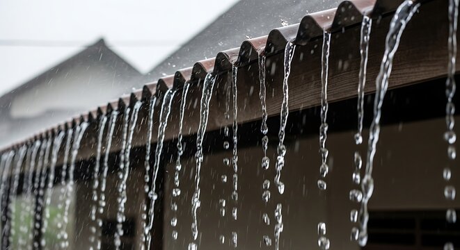 Heavy Rainwater Streaming From Traditional Tiled Roof Eaves in Stormy Weather