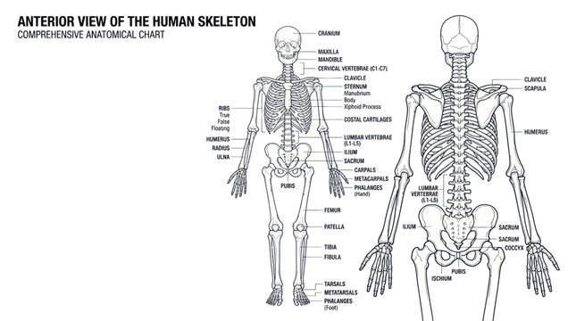 Anterior and Posterior Human Skeleton Anatomy Chart