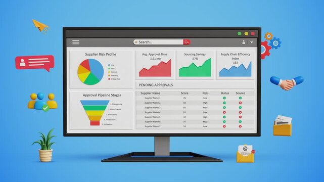 Digital Procurement Process. Vendor Workflow, SCM, Supply Chain Management, Online Purchasing, Business Automation, E-Procurement System. Supplier Dashboard on Computer Screen. 4K 3D Video Animation