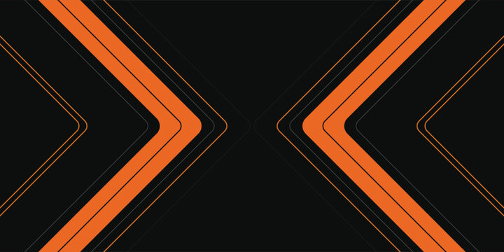 Modern black and orange abstract background with dynamic geometric arrow shapes and thin lines. Dark futuristic tech texture for gaming banners, automotive sports, and creative digital headers.