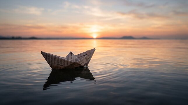 A newspaper paper boat floats alone on calm sea water during a beautiful golden sunset sky.