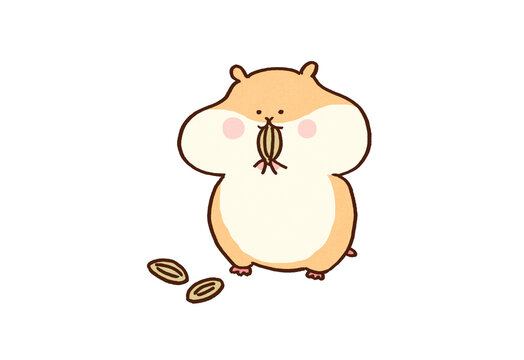 Hamster stuffing its cheeks with sunflower seeds, appetite and storing food concept