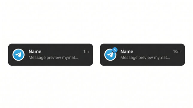 Telegram messaging app notification UI interface set featuring chat alerts with name, message preview text, timestamps, and notification badge icon on dark background for mobile app design.