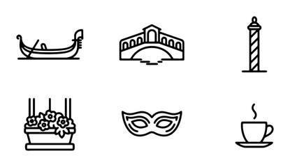 Venice Icons Set: Gondola, Bridge, Mask, Coffee, Flowers, Pole. Italian Travel Vector Graphics © Hasan