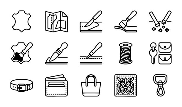 Leather Crafting Icons Set: Tools, Materials, and Products for Handmade Goods